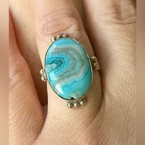 Vintage 925 Sterling Silver Blue Crazy Lace Agate Ring Sz 7.5